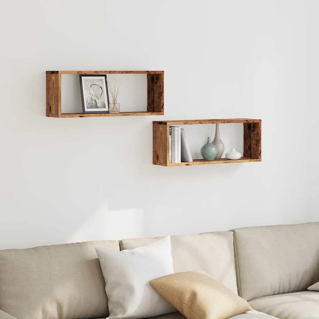 2 db antik fa színű szerelt fa fali kockapolc 60 x 15 x 23 cm