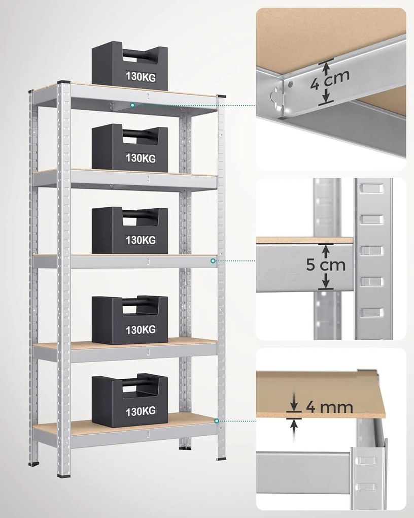 5 szintes polcrendszer, acél polcrendszer tároláshoz, csavarmentes összeszerelés, teherbírás 650 kg, 30 x 75 x 150 cm, ezüst