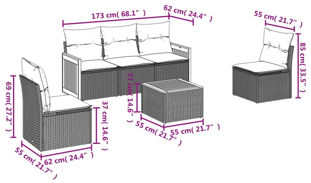 6 részes szürke polyrattan kerti ülőgarnitúra párnákkal