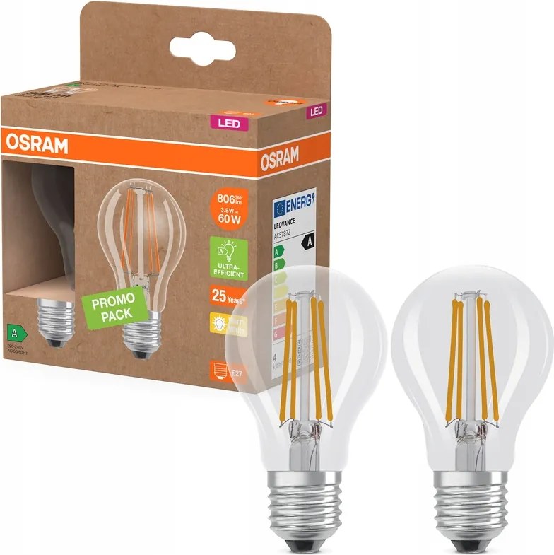 2x Led izzó E27 3,8W 60W 806lm 2700K Filament 213lm/W A osztály Osram
