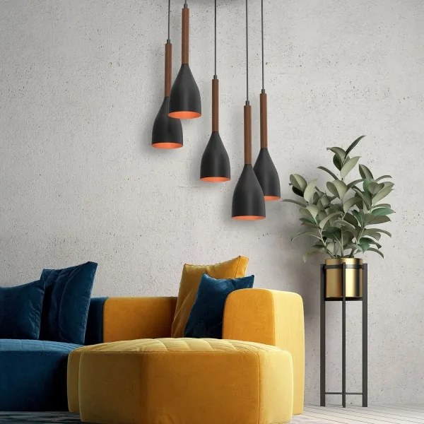 Csillár zsinóron MUZA 5xE27/15W/230V fekete/barna/réz/bükkfa