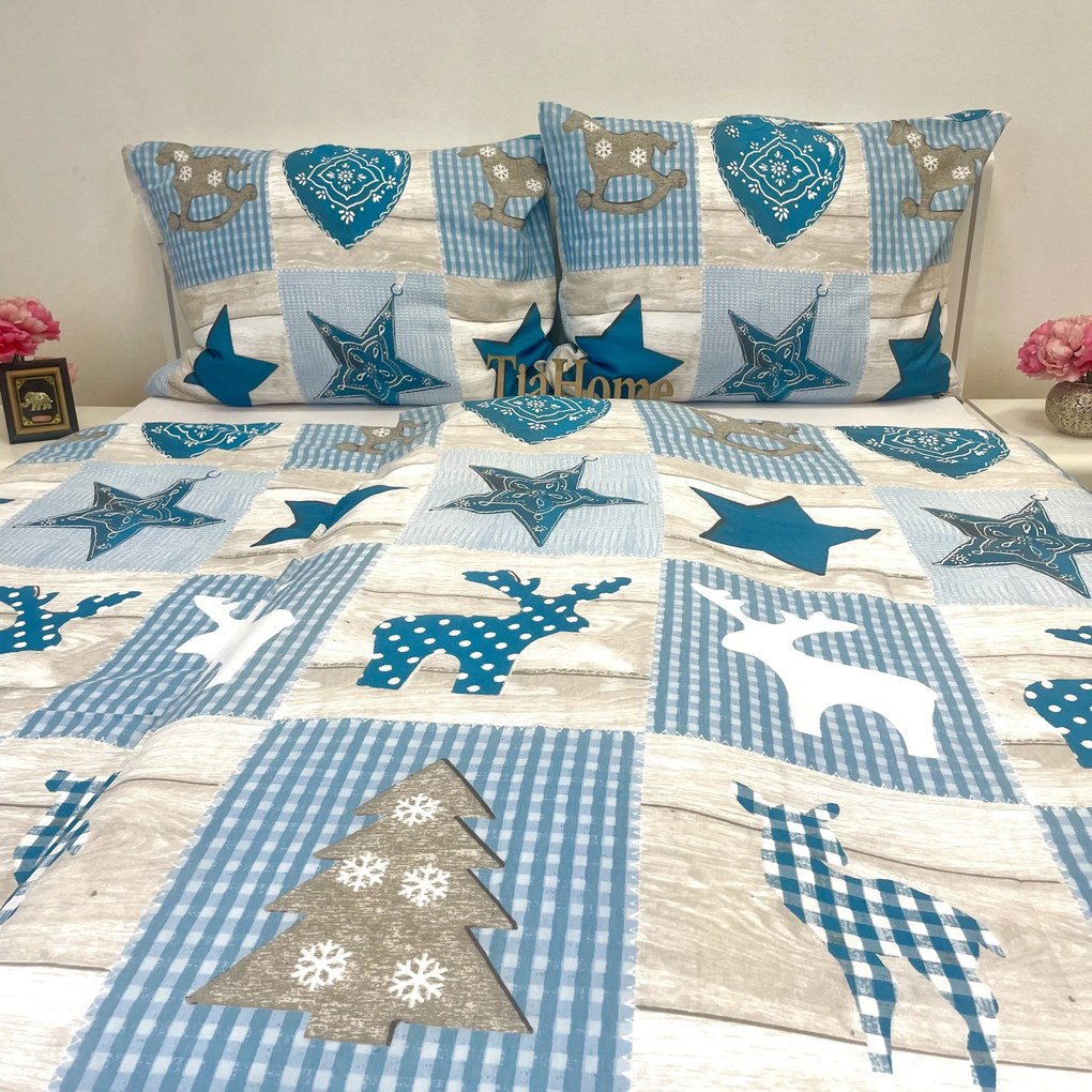 Pamut lepedők Karácsonyi Winter kék TiaHome - 1x Párna 90x70cm, 1x Paplan 140x200cm