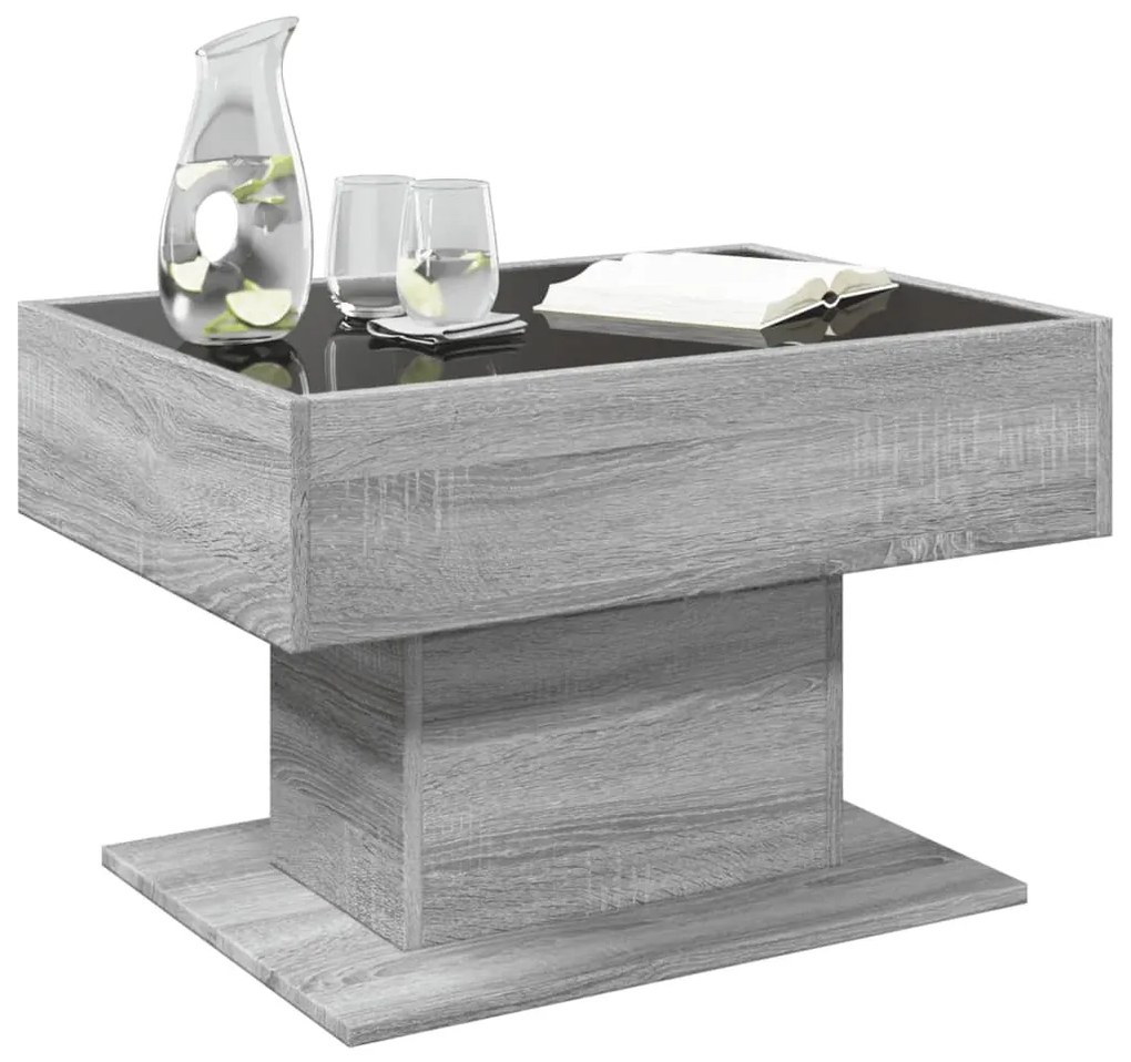 Szürke sonoma szerelt fa dohányzóasztal LED-del 70 x 50 x 45 cm