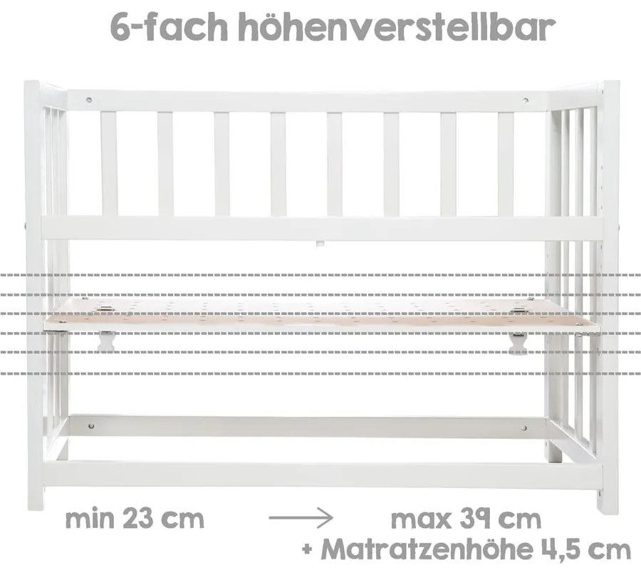 Fehér ágy mellé helyezhető bölcső állítható magassággal 90x45 cm Woodland Buddies – Roba