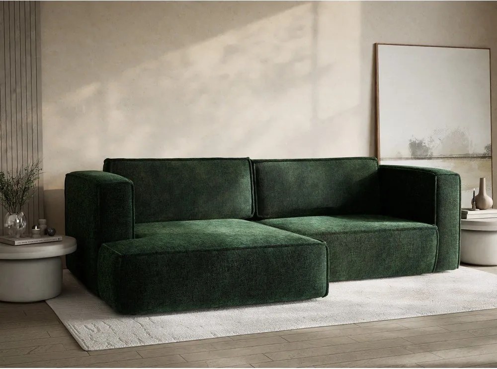 Sötétzöld zsenília kinyitható-tárolóhelyes sarokkanapé (bal oldali-heverő résszel) Velto – Maison de Rêve