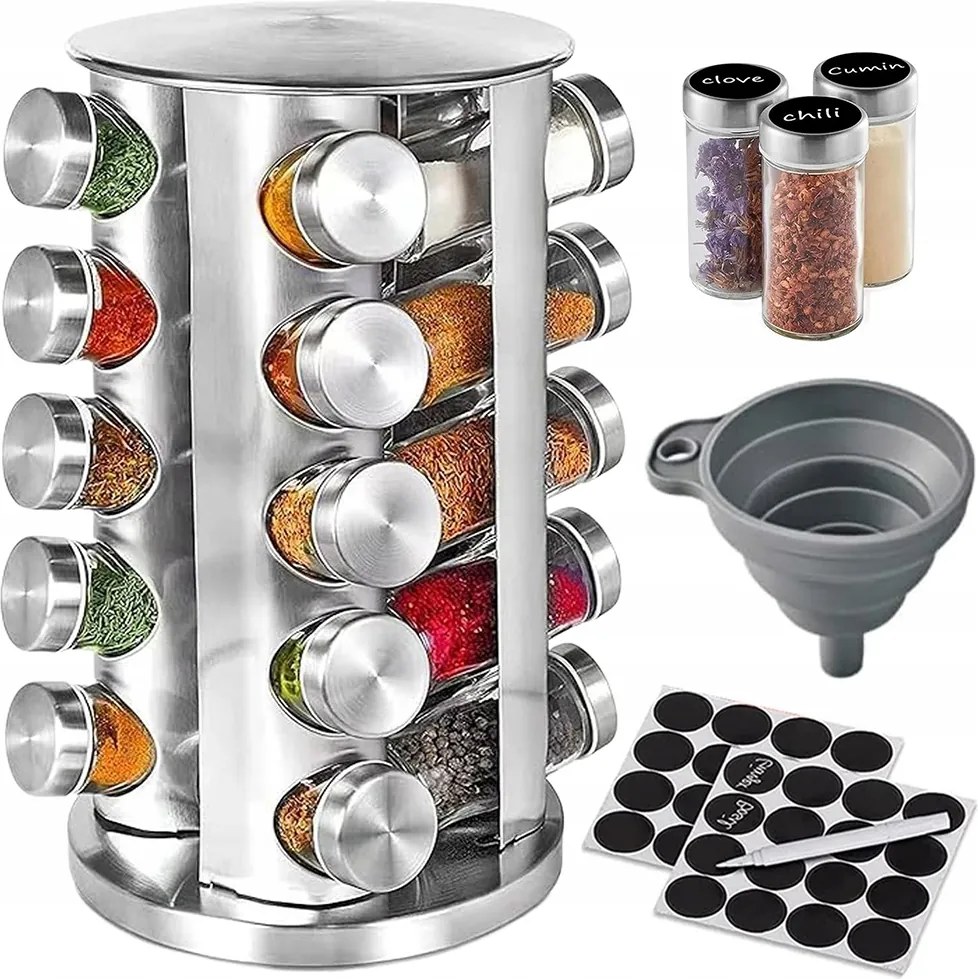 Fűszertartó Állvány 360° 20 Üveg Tégely Rozsdamentes Acél