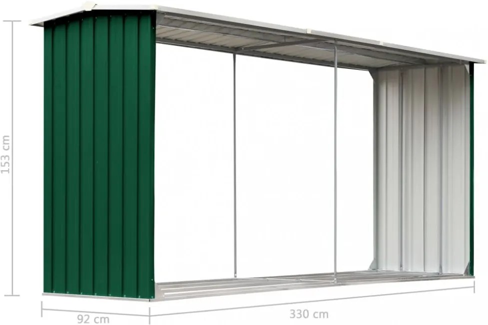 zöld horganyzott acél kerti tűzifatároló 330 x 92 x 153 cm