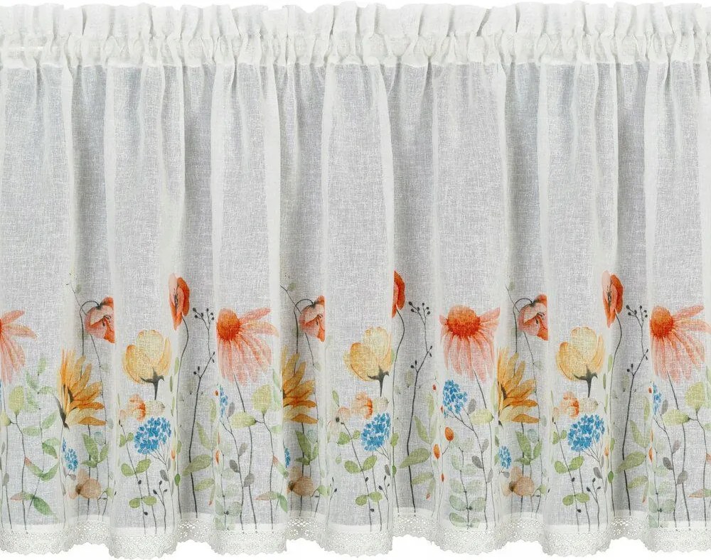Irigy Hónaljmirigy kész függöny Nati 60x150 cm fehér, virágos alagút a konyhába