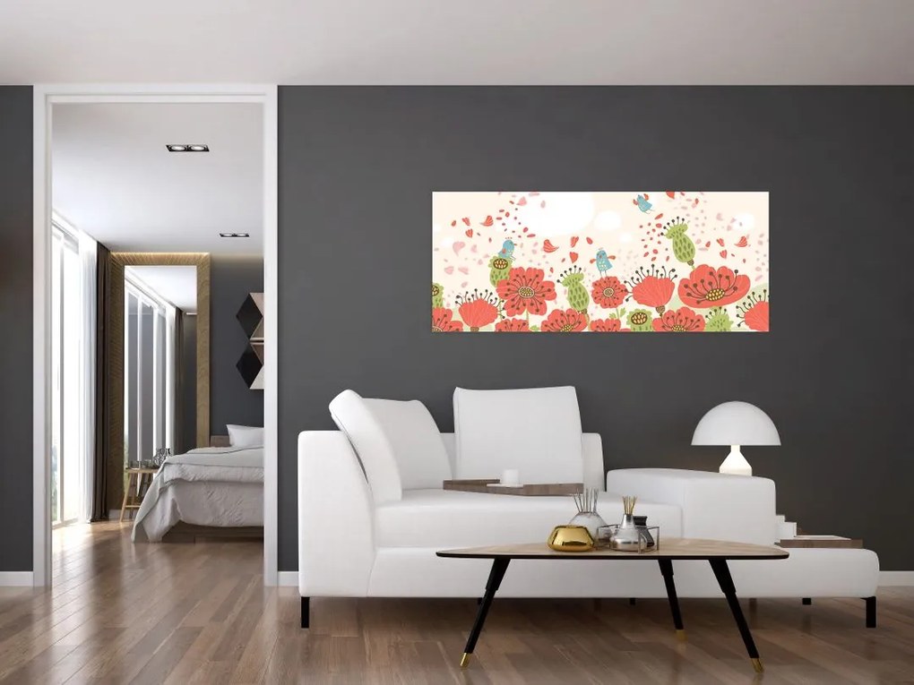 Kép - Madarak egy virágzó réten (120x50 cm)