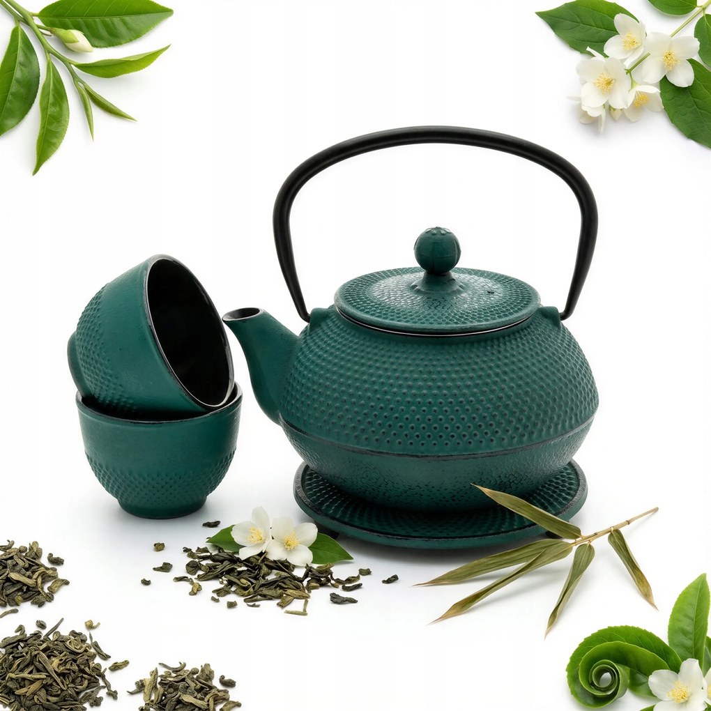 Vízforraló 0.8L Öntöttvas Teáskanna x2 Csésze Alátét Teafűszer Szűrővel