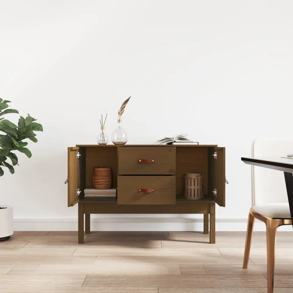 mézbarna tömör fenyőfa tálalószekrény 110 x 40 x 78 cm