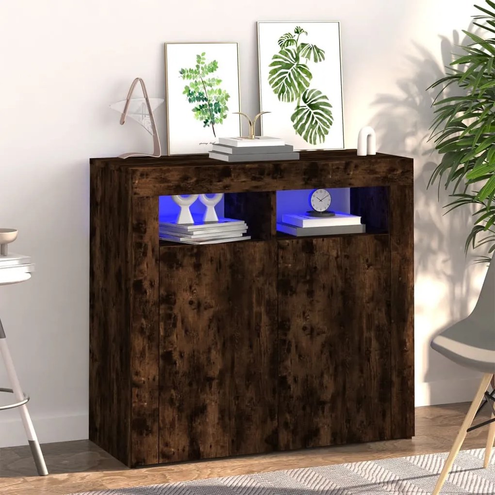 füstös tölgy színű tálalószekrény LED-ekkel 80 x 35 x 75 cm