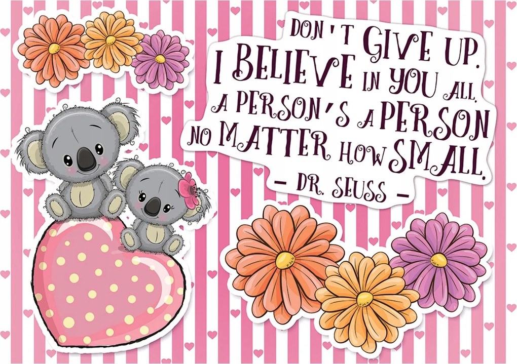 Koala fotótapéta rózsaszín szívvel és virágokkal gyerekeknek 200x140 +ragasztó