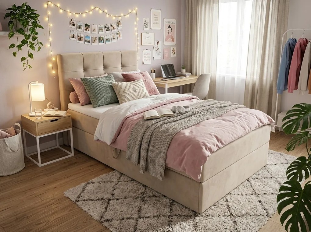 Kárpitozott boxspring ágy DIRELIS TRINITY 90x200 cm bézs Matrac: Bonell rugós matrac