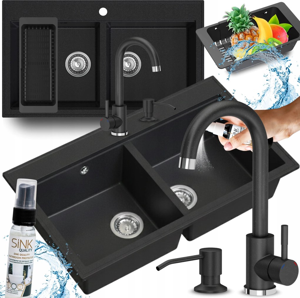 Mosogatótálca Kétrekeszes Gránit fekete pöttyös Nagy Konyhai Csapteleppel