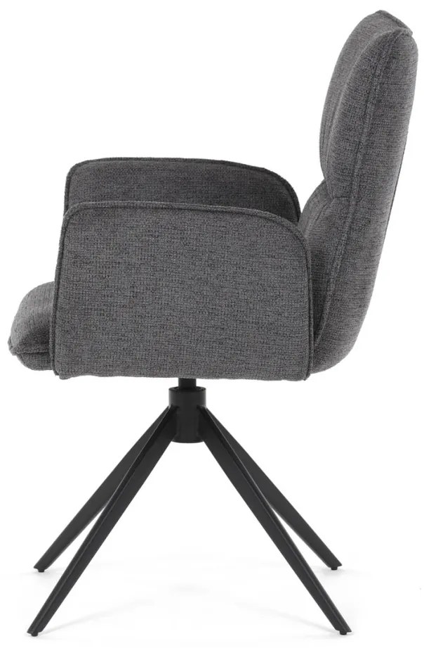 Scaun de dining rotativ, tapițat cu material textil gri, mecanism rotativ 360°, picioare metalice negre