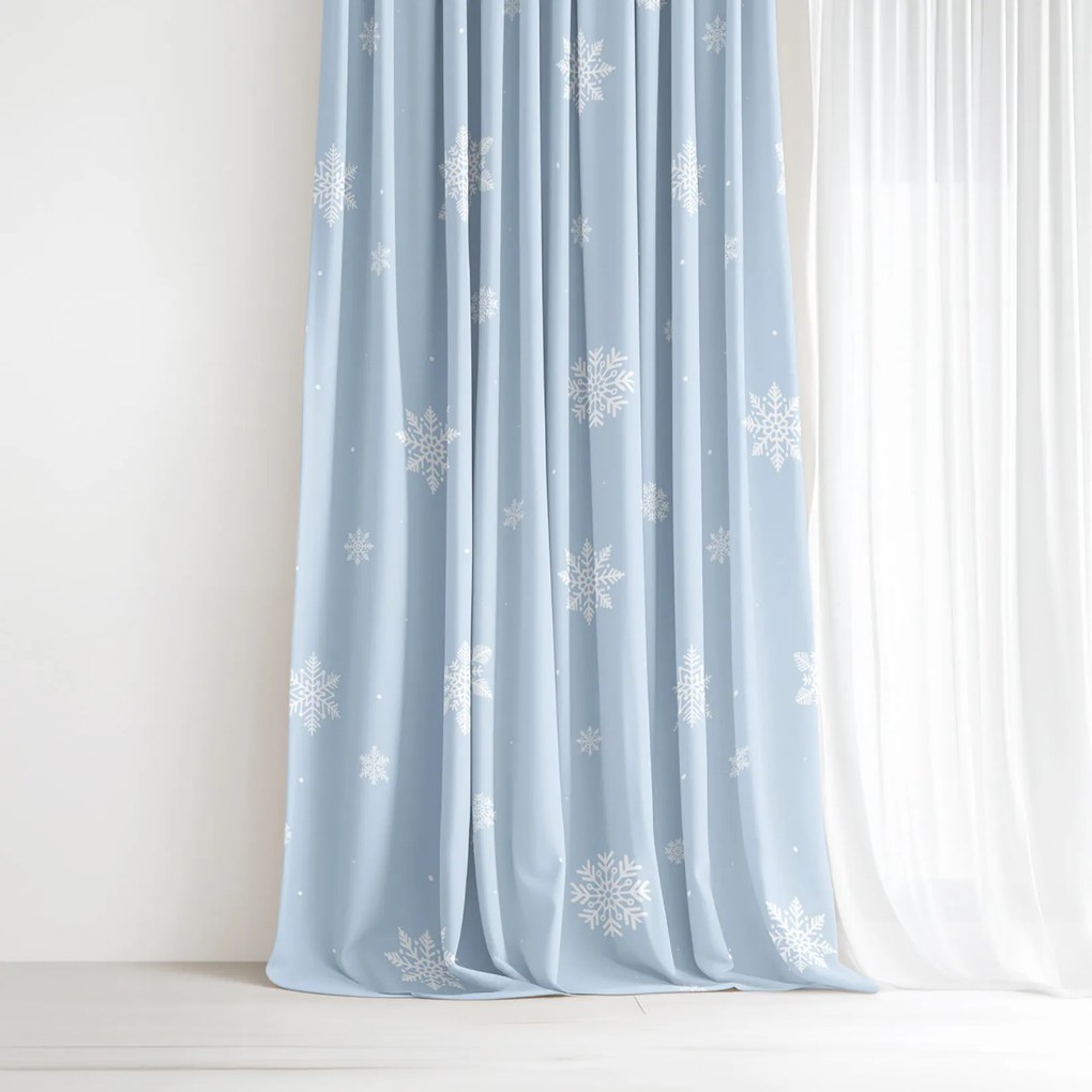 Goldea karácsonyi pamut drapéria - pelyhek a kék alapon 280x150 cm