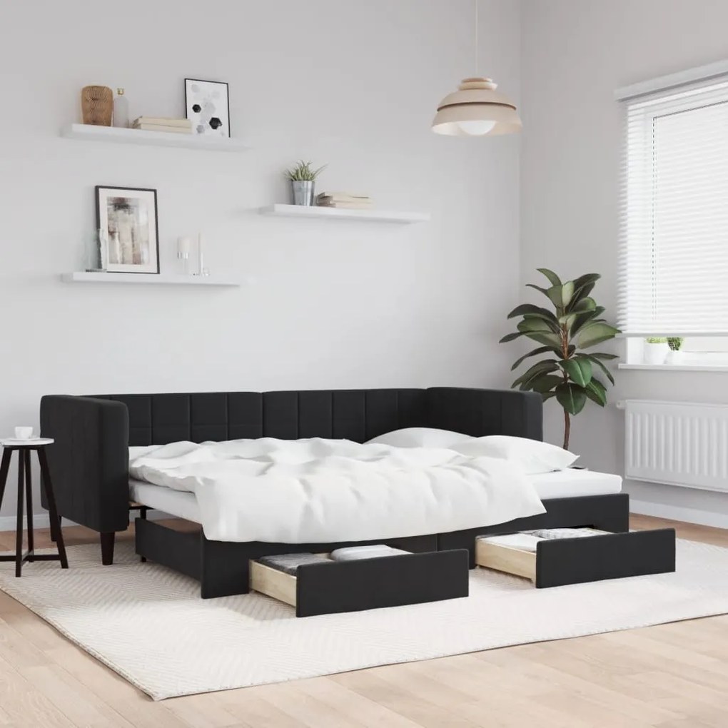 fekete kihúzható bársony heverő fiókkal 80 x 200 cm