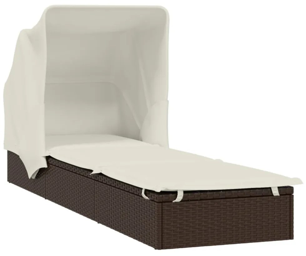 barna polyrattan napozóágy összecsukható tetővel 213x63x97 cm