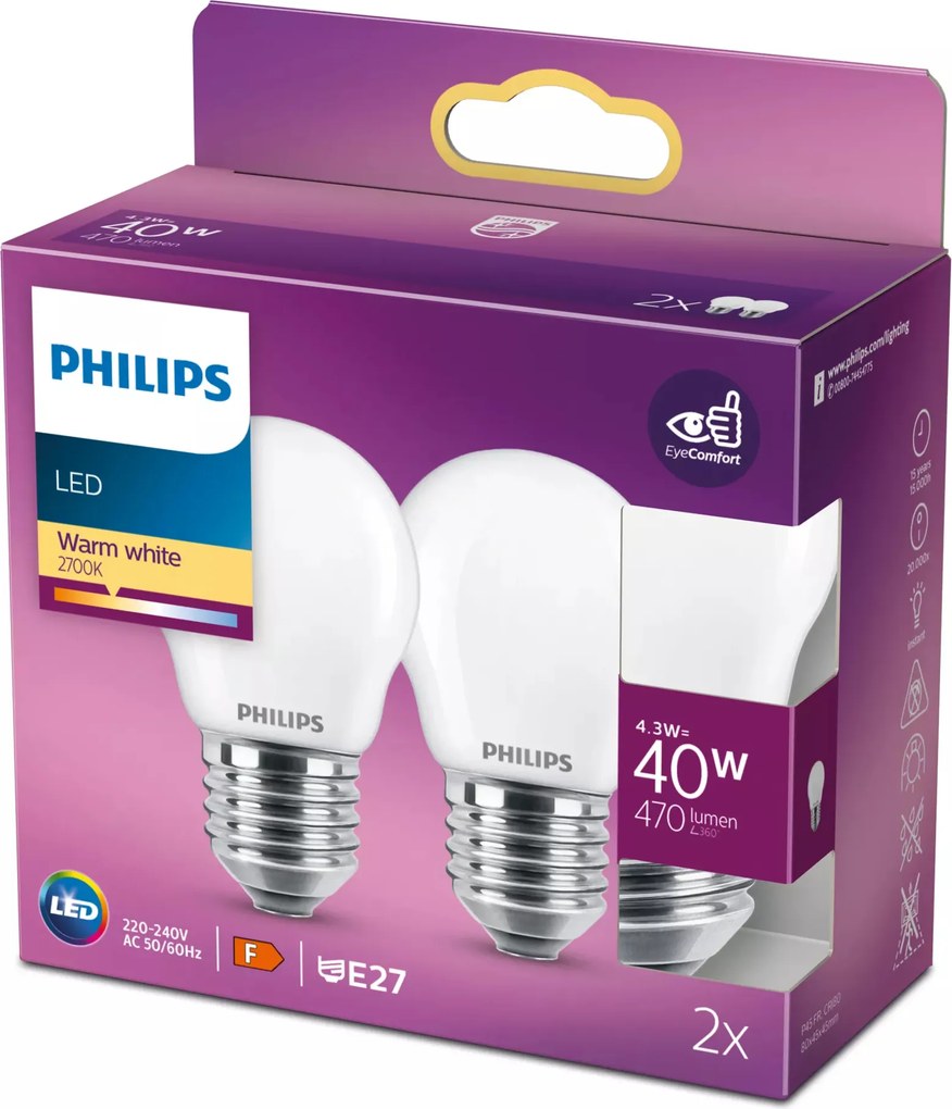 Led izzók Philips E27 4,3W 470lm 2 db