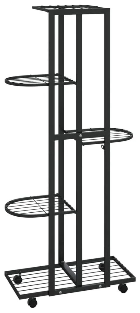 5-szintes fekete vas virágtartó állvány kerekekkel 44x23x100 cm