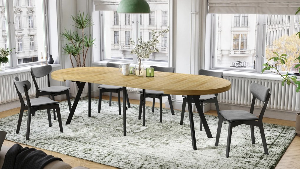 Mazzoni EXPANSO Amerikai Tölgy/fekete lábak - LOFT/IPARI STÍLUSÚ 310 cm-re BŐVÍTHETŐ NAGY KEREK ASZTAL Ø110 Y LÁBAKKAL