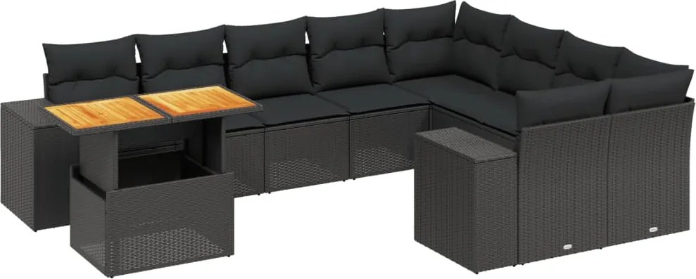 vidaXL 10 részes fekete polyrattan kerti ülőgarnitúra párnákkal