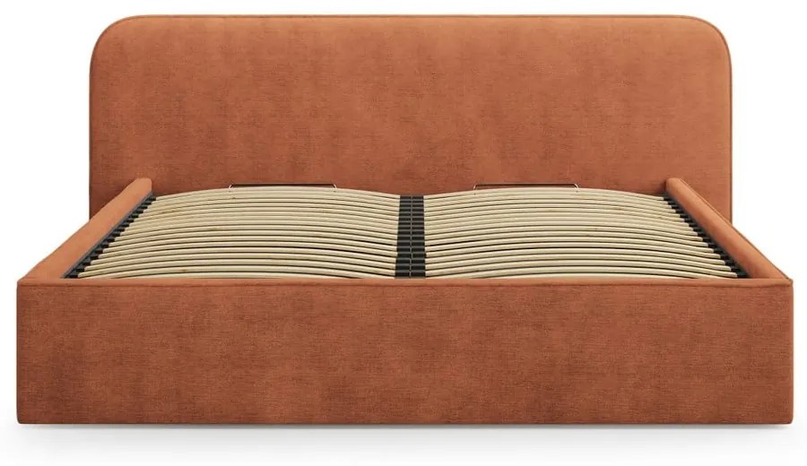 Téglavörös kárpitozott ágyneműtartós franciaágy ágyráccsal 160x200 cm Elizabeth – Micadoni