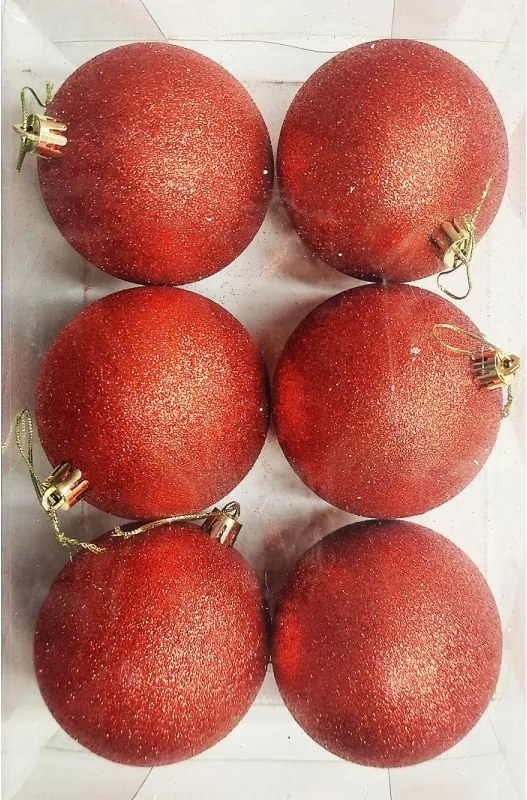 Karácsonyfadísz piros csillámos műanyag 6 db/csomag