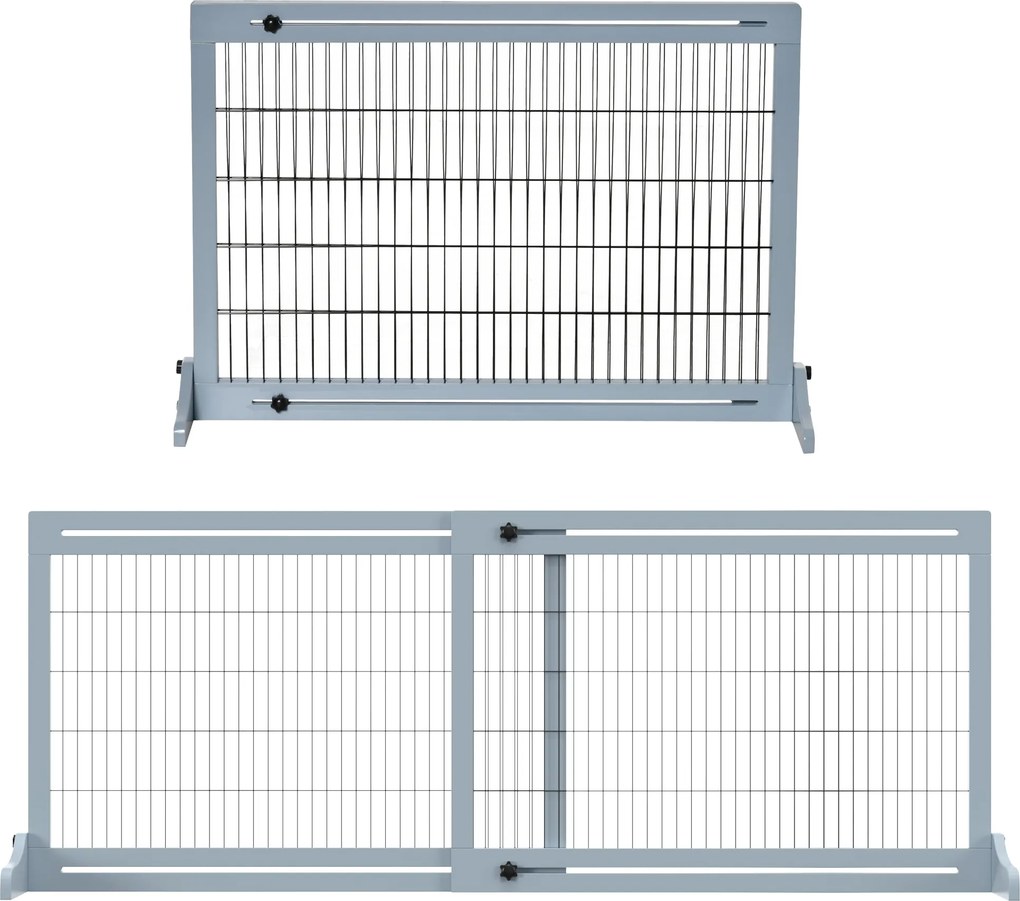 PawHut Fa Kutyabarrier, Kihúzható Ajtó Biztonsági Rács Lábbeli Támasszal, Önálló Kutyarád, Lépcső Rács, Kutyabarrier Kandallóhoz, Sütőhöz, Szürke-kék,