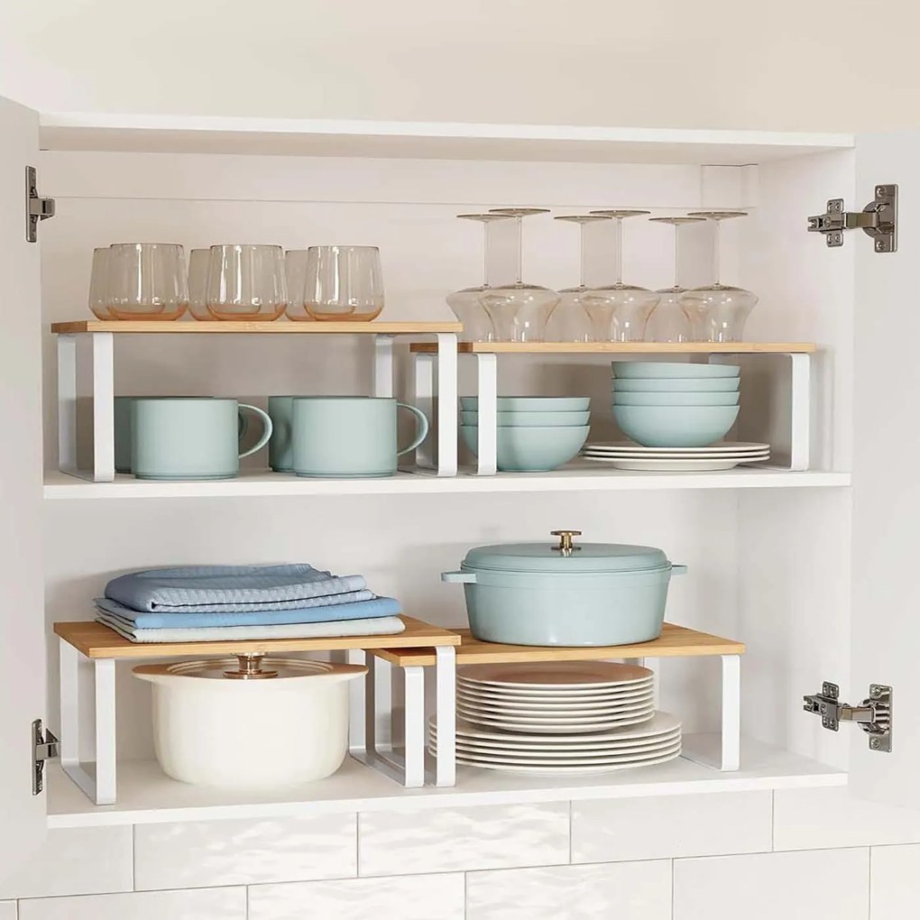 SONGMICS 4 db-os konyhai polcrendszerező szett, fém és fa, fehér/bézs