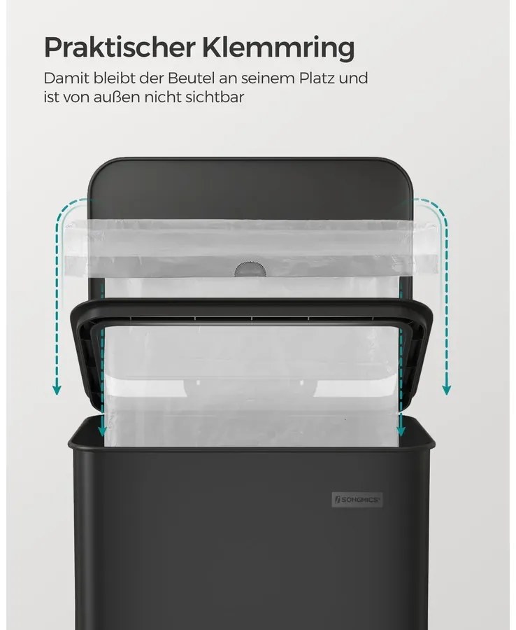 Konyhai szemetes 40L, nagy pedálos kuka fedéllel, 15 szemeteszsák mellékelve, fekete