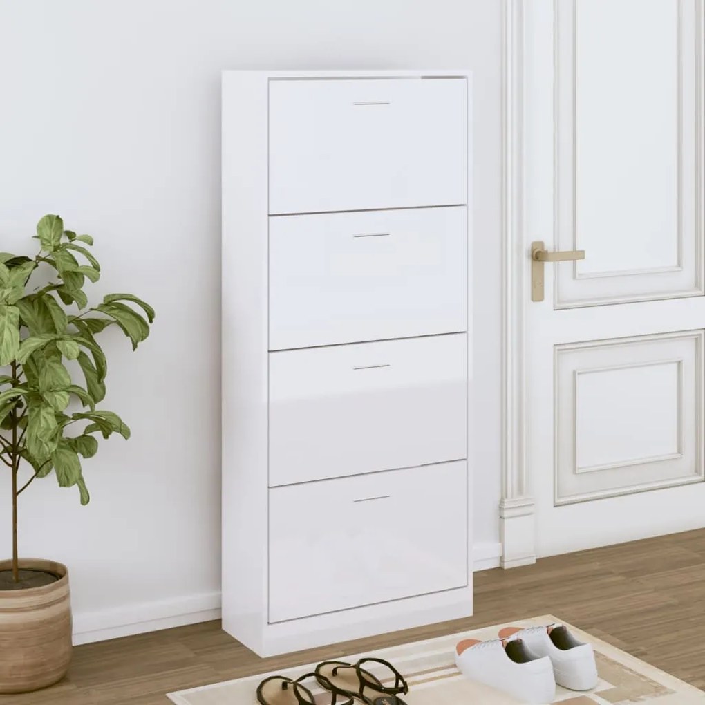 magasfényű fehér szerelt fa cipőszekrény 63x24x147 cm