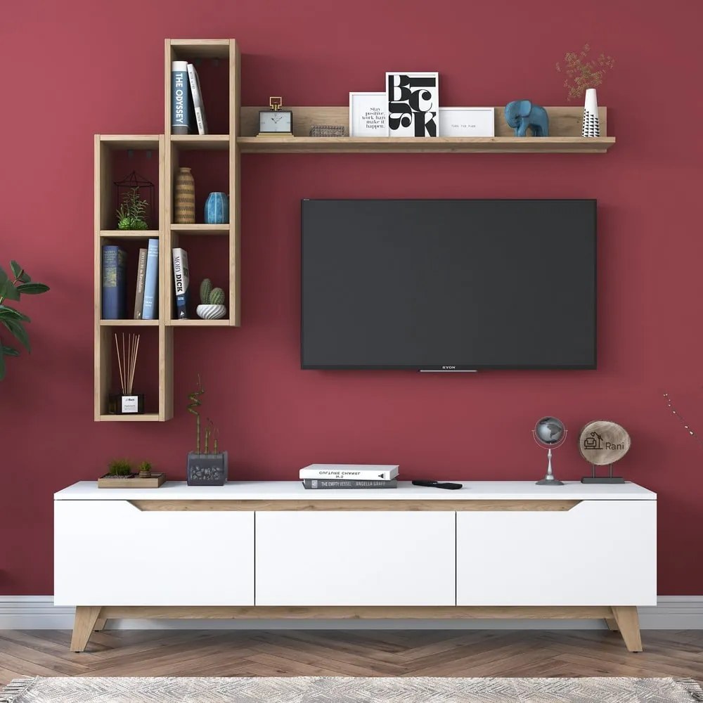 Fehér-natúr színű nappali bútor szett diófa dekorral 180x49 cm Linh – Kalune Design