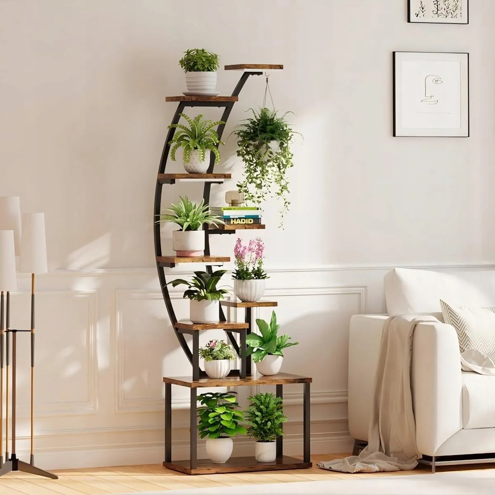 Növényállvány, Hold alakú Led világítással, Forgácslemez polc, Fekete