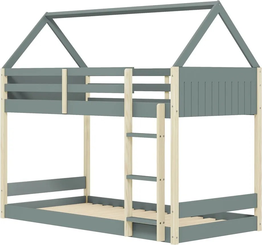 Natúr színű-szürkészöld házikó alakú-emeletes gyerekágy ágyráccsal 90x190 cm Valka – Marckeric