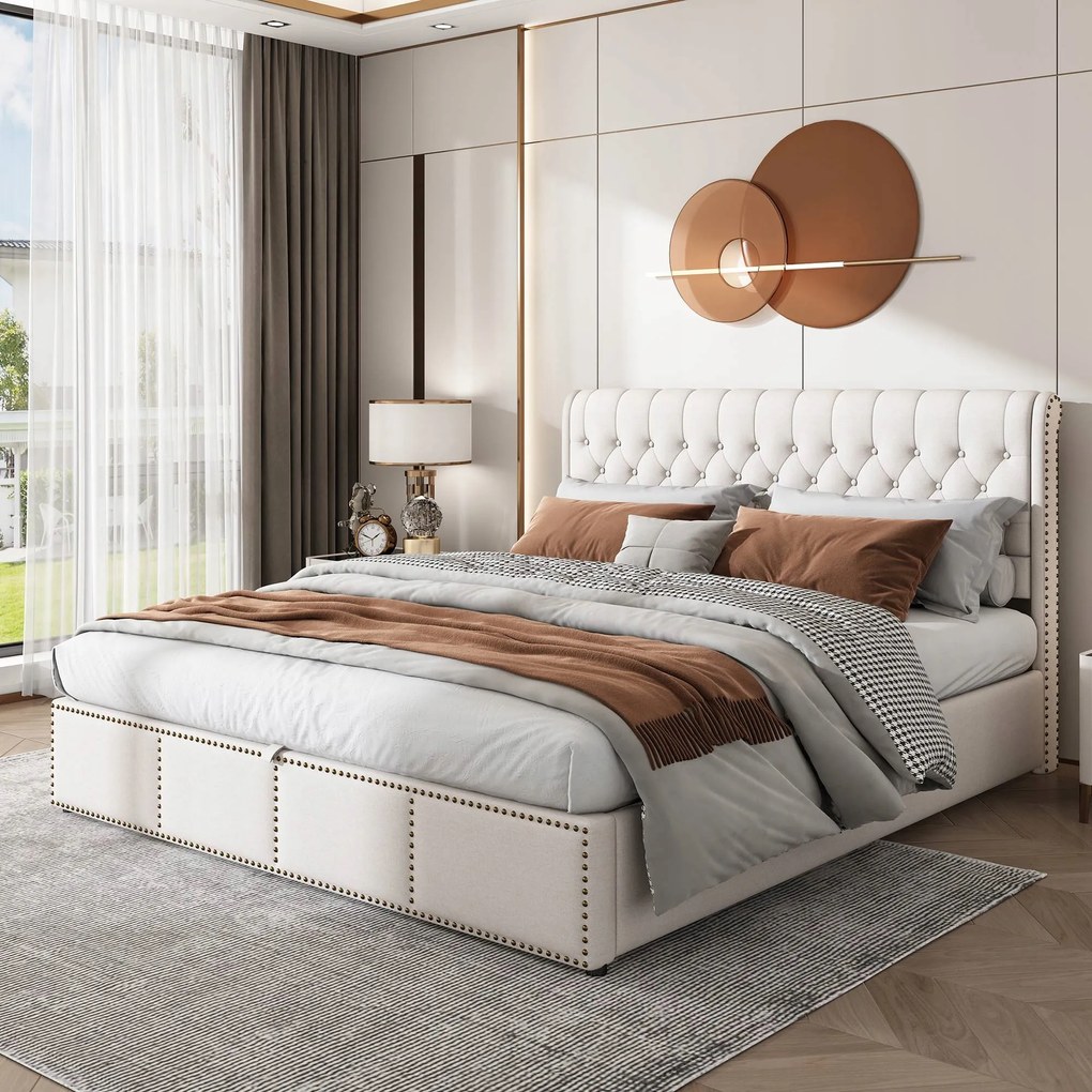 Pamut és len kárpitozott ágy, hidraulikusan szegecselt 180x200 szürke