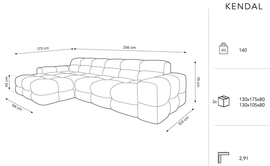 Sötétkék bársony sarokkanapé (bal oldali) Kendal – Micadoni Home