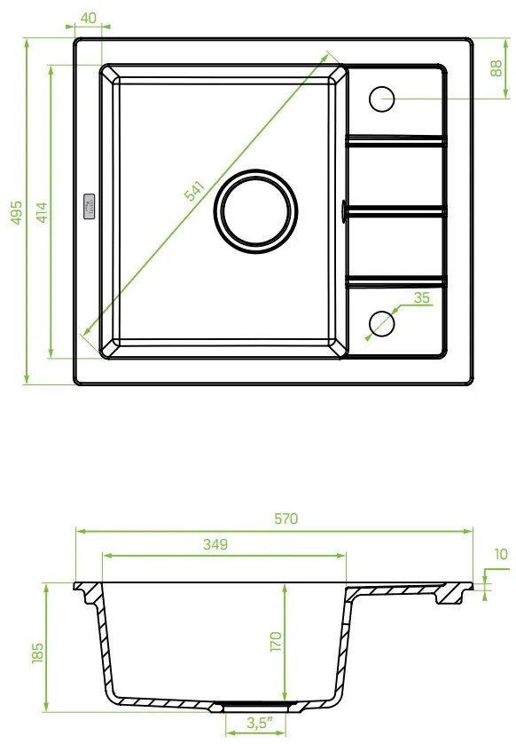 Laveo Trzynastka, 1 kamrás gránit mosogató 570x495x185 mm, fekete foltos, LAV-SBP_713T