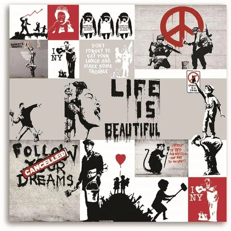 Gario Vászonkép Banksy falfestmény - az utcai muvész muveinek kollázsa Méret: 50 x 50 cm