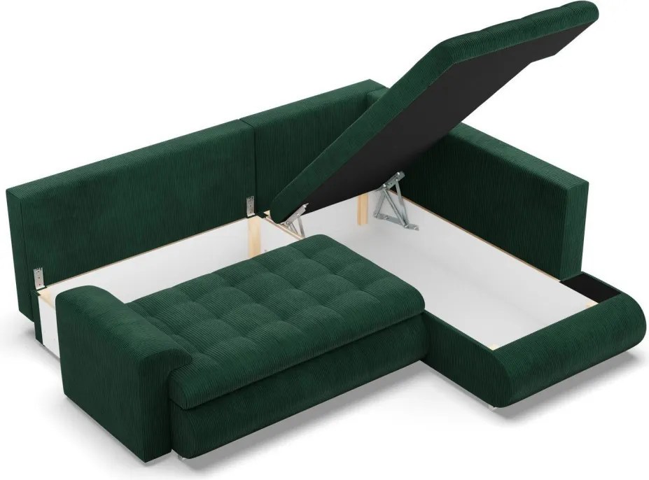 Tokio sarokkanapé, L alakú háttámlával, 2 ágyneműtartóval, kordbársony, jobboldali, zöld