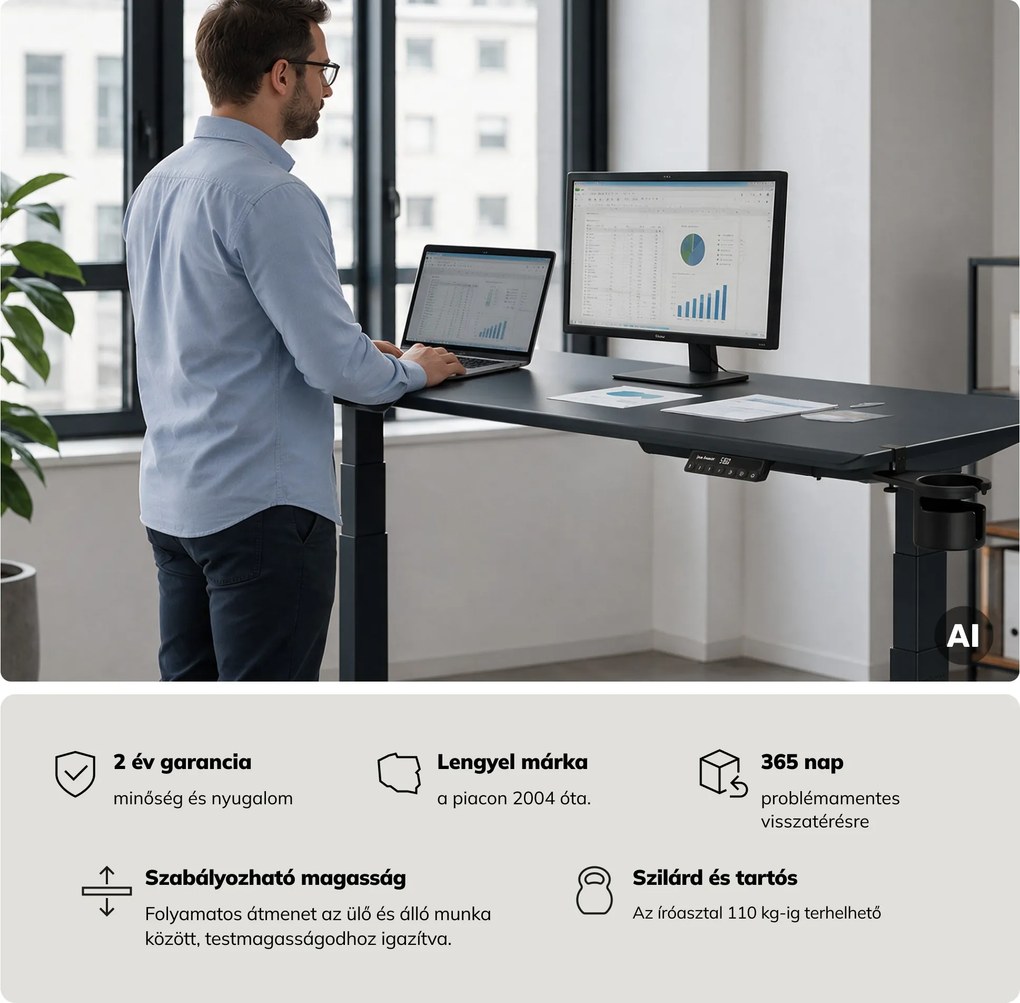 Elektromos íróasztal magasságállítással ergonomikus antracit,1600x800 mm: ARIA