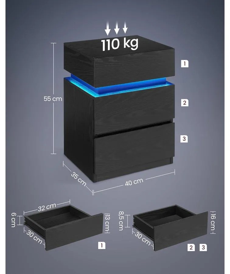 VASAGLE éjjeliszekrény LED világítással, állítható színű fény, 3 fiókos oldalasztal, 35 × 40 × 55 cm, fekete
