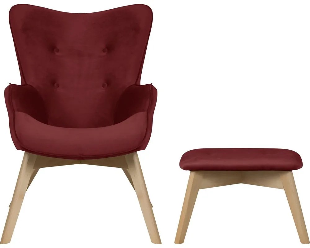 Piros bársony fotel lábtartóval Niko – Ropez