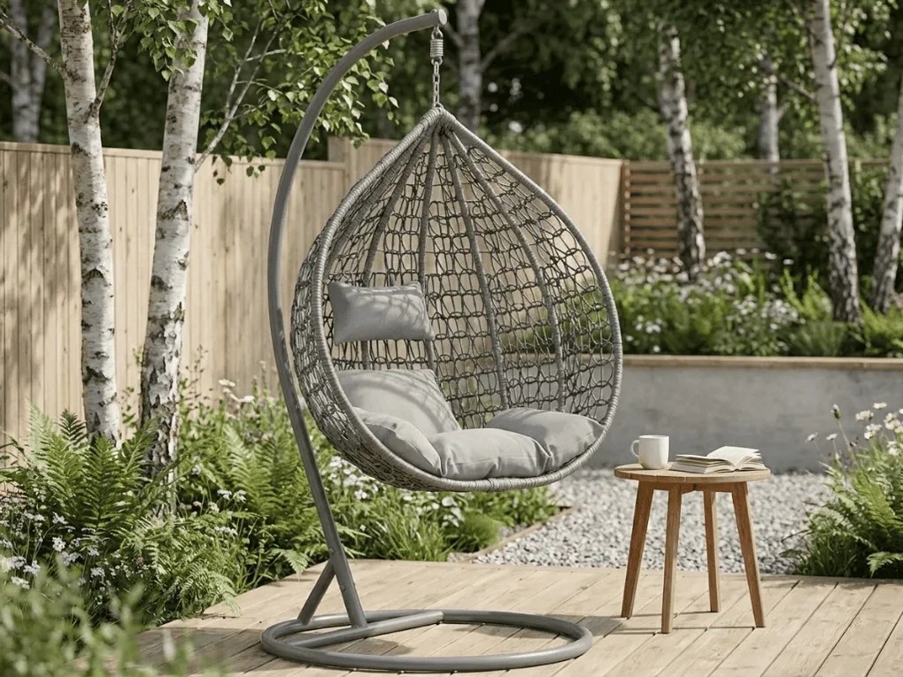 Szürke függő szék KOKON állvánnyal, világos párna