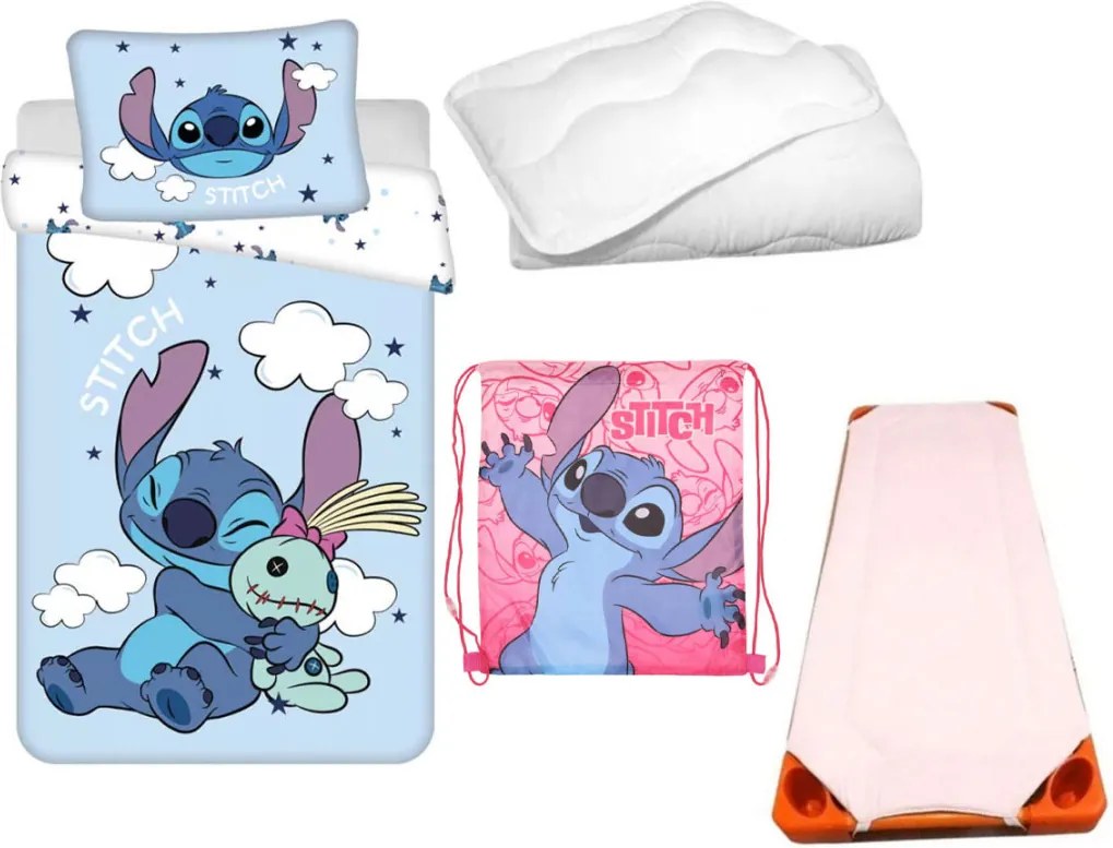 Disney Lilo és Stitch, A csillagkutya Pink Clouds Planet gyerek, ovis ágyneműhuzat, derékalj, tornazsák és paplan/párna szett 100x135 cm 40x60 cm