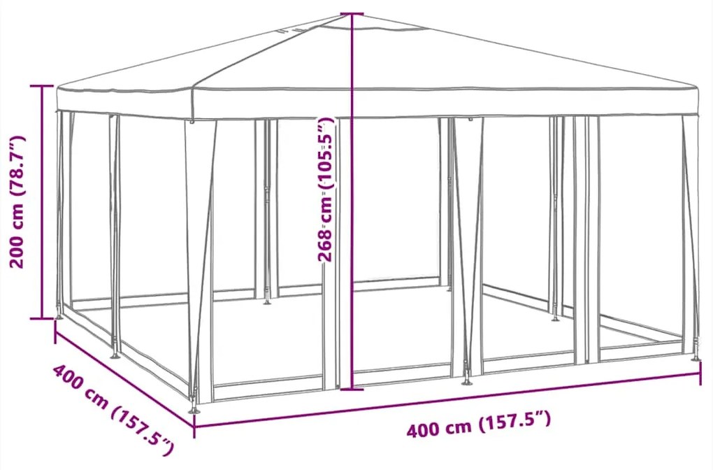 fehér HDPE rendezvénysátor 8 hálós oldalfallal 4 x 4 m