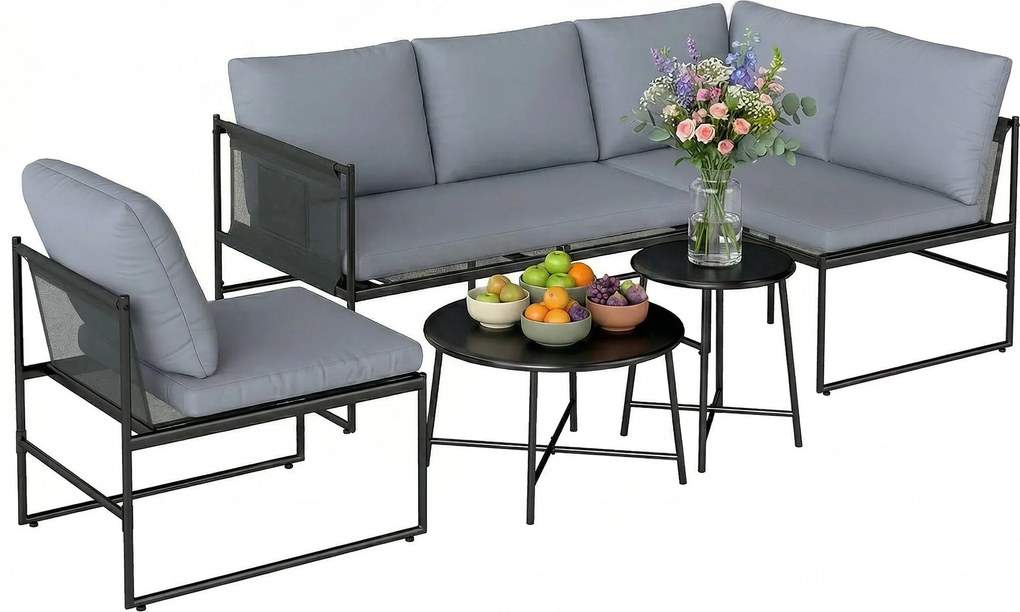 Outsunny 5-Piece Outdoor Lounge Set for 4–5 – Modular L-Shaped Sofa, Armless Chair, 2 Coffee Tables, Washable Cushions, Breathable Mesh Seats – Dark G