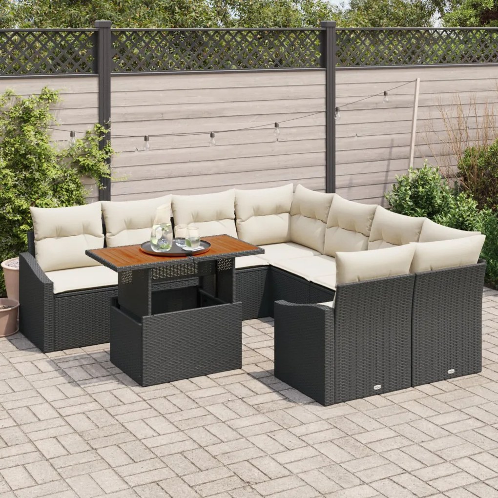 9 Darabos Kerti Kanapészett Párnákkal Fekete Poly Rattan