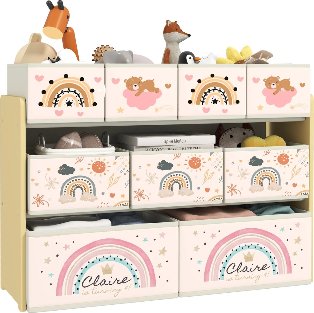 AIYAPLAY Játékpolc Gyerekeknek – Játék Szervező 9 Nem Szőtt Szövet Kosárral, 93x30x70 cm, Sárga | Aosom